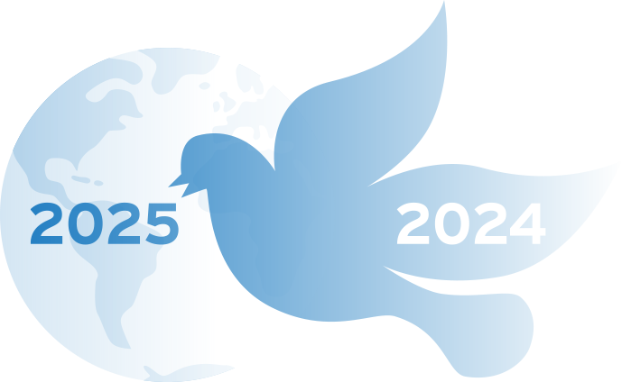 Friedenstaube und Weltkugel im Hintergrund mit den Jahreszahlen 2024 und 2025